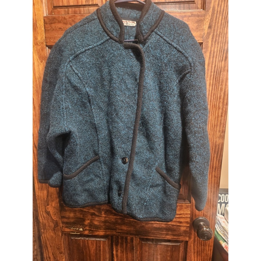 Talbots Vintage 100% Wool Heathered Button Up Cardigan Women Medium Teal Black